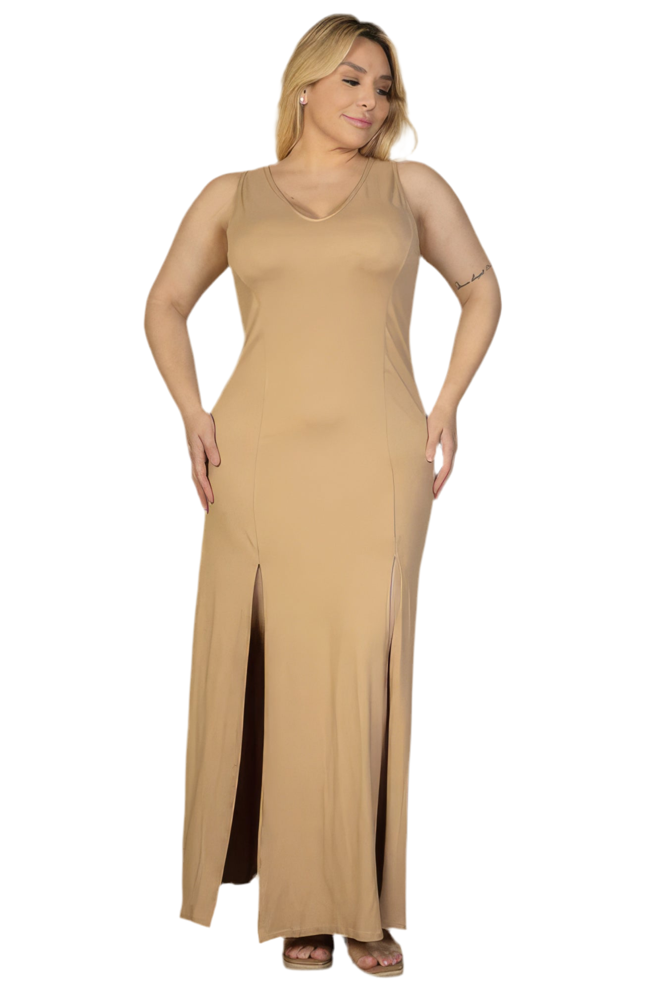 Nude Plus Size Plunge Neck Thigh Split Maxi Dress