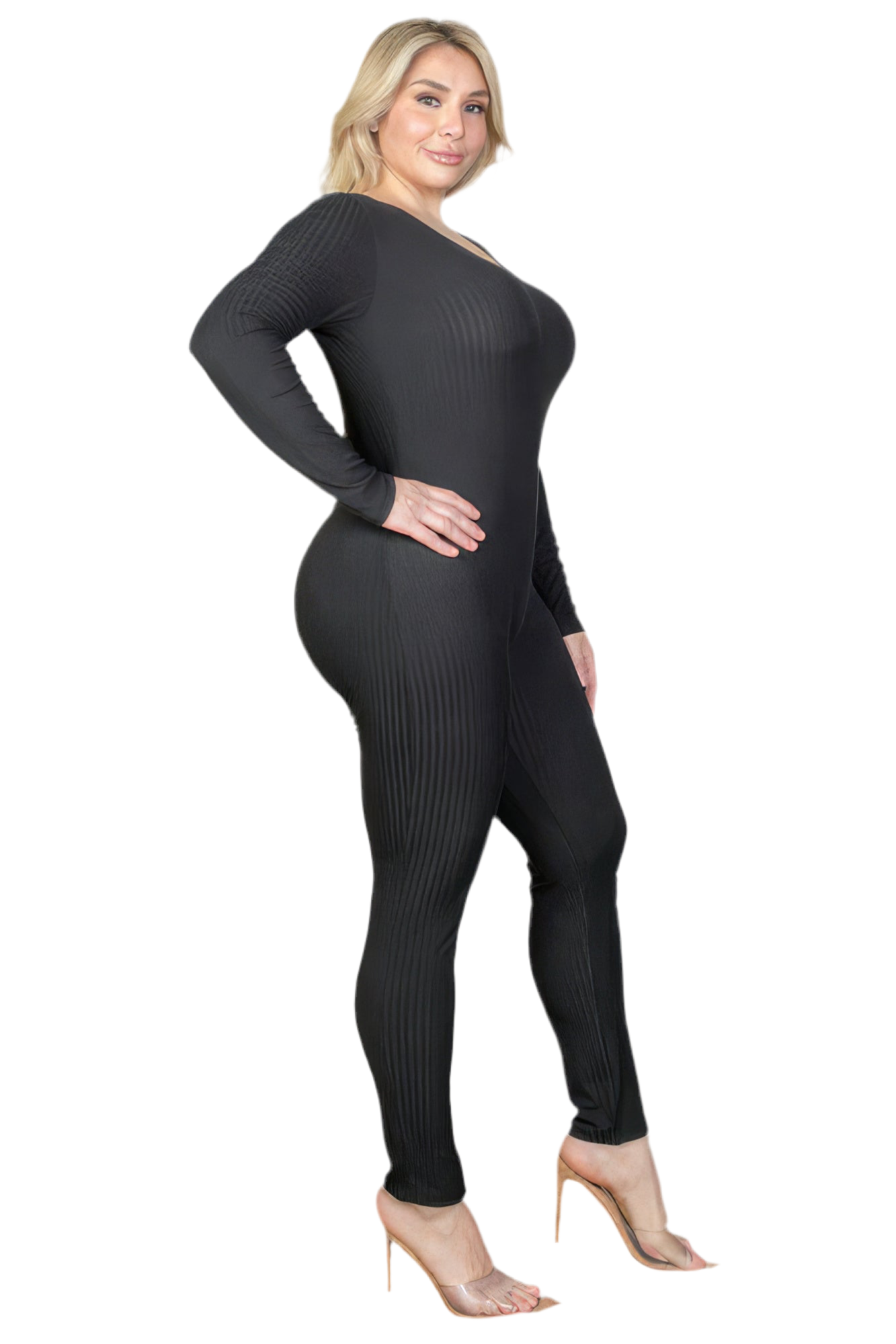 Charcoal Plus Size Ribbed Scoop Neck Long Sleeve Jumpsuit