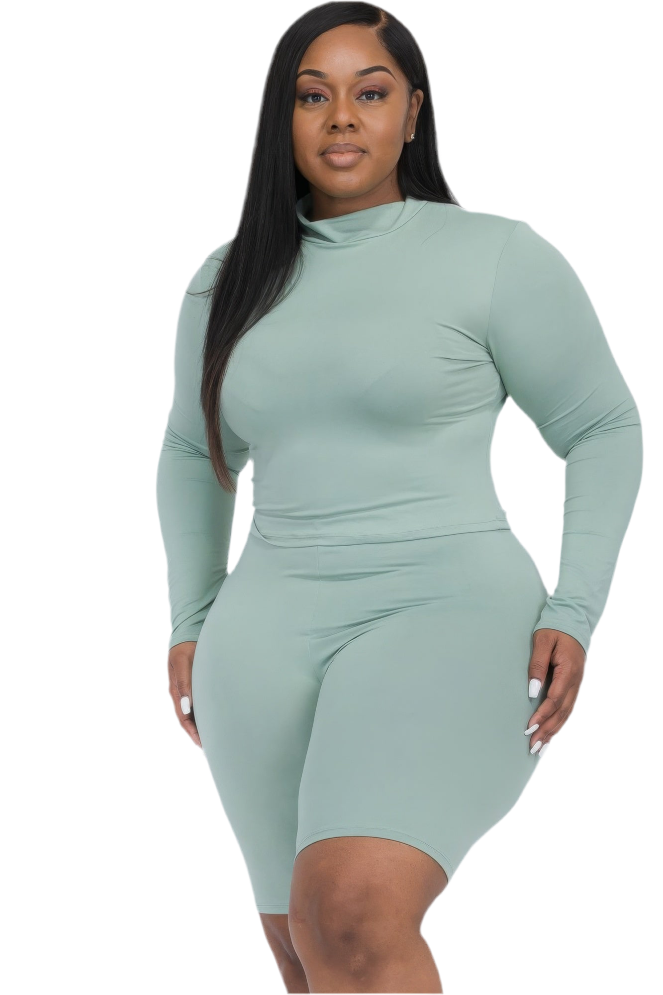 Green Plus Mock Neck Top & Biker Shorts Set