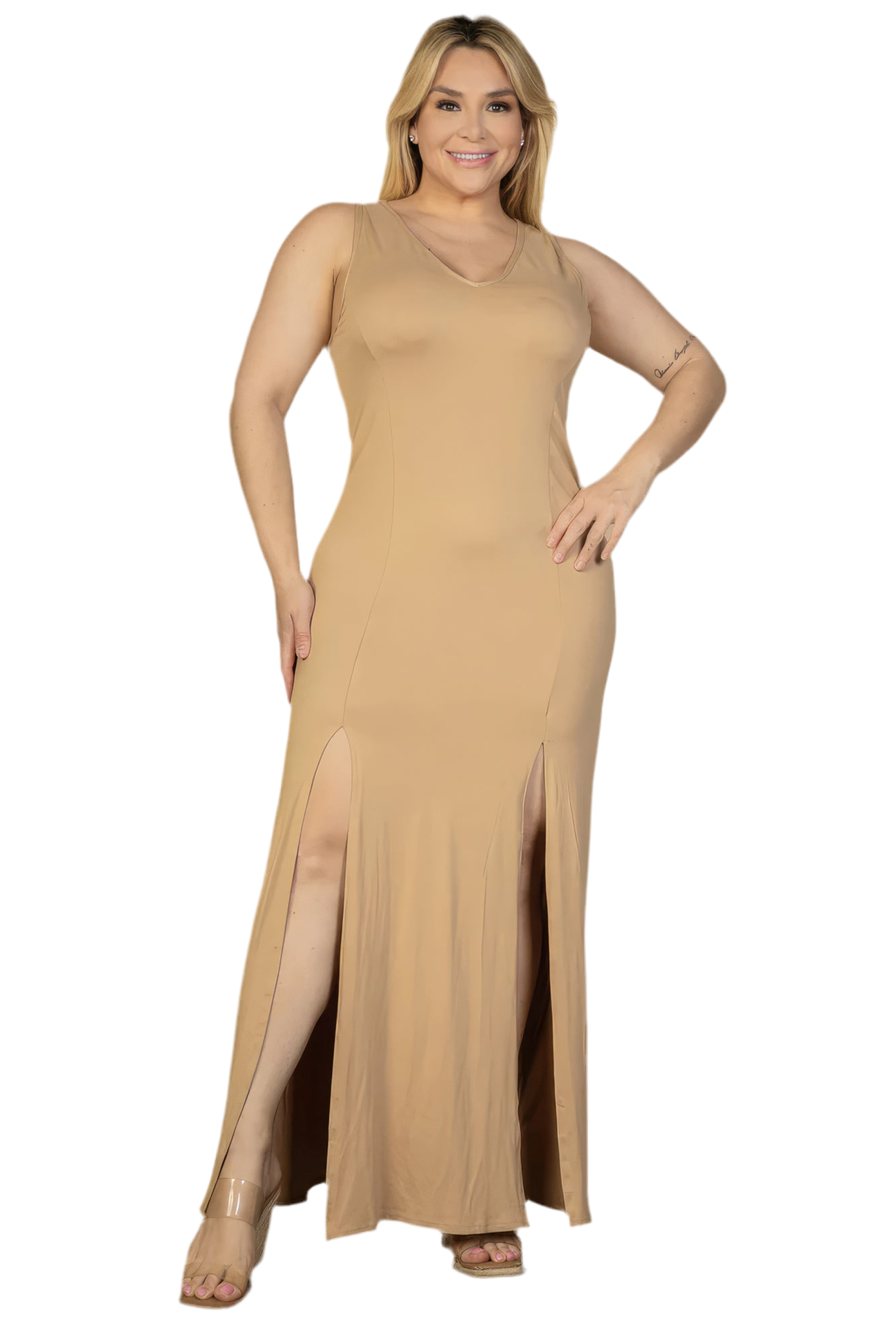 Nude Plus Size Plunge Neck Thigh Split Maxi Dress