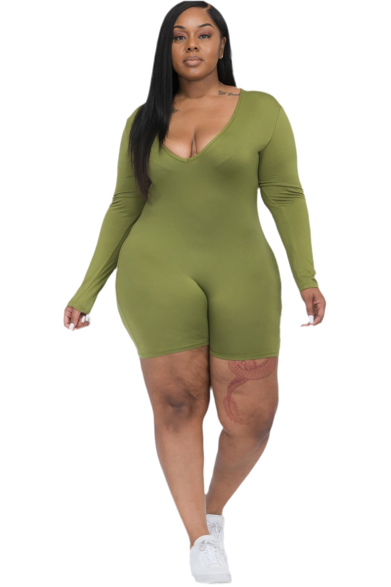 Olive Plus V-neck Long Sleeve Bodycon Romper