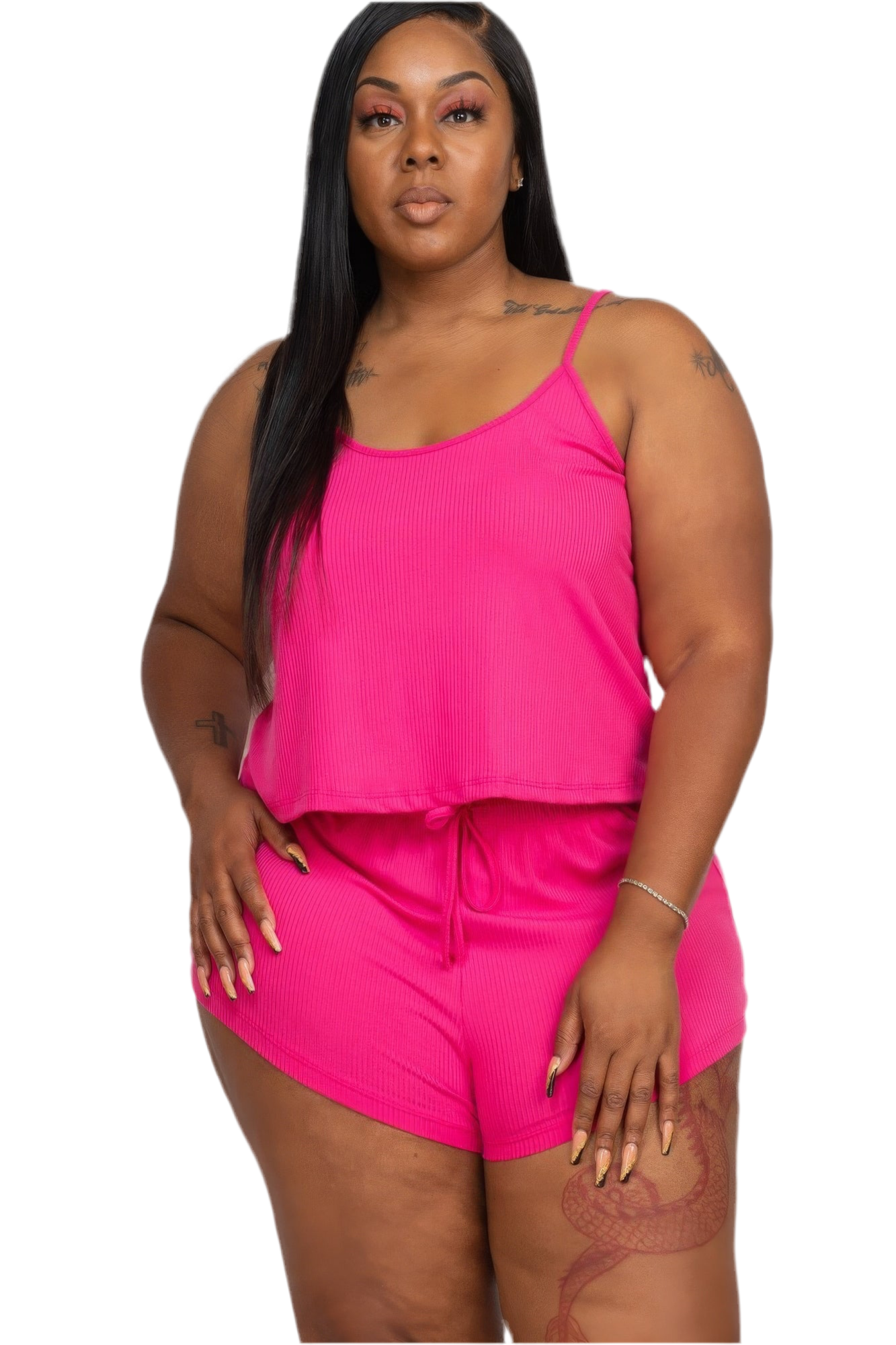 Berry Plus Ribbed Strappy Top And Shorts Set