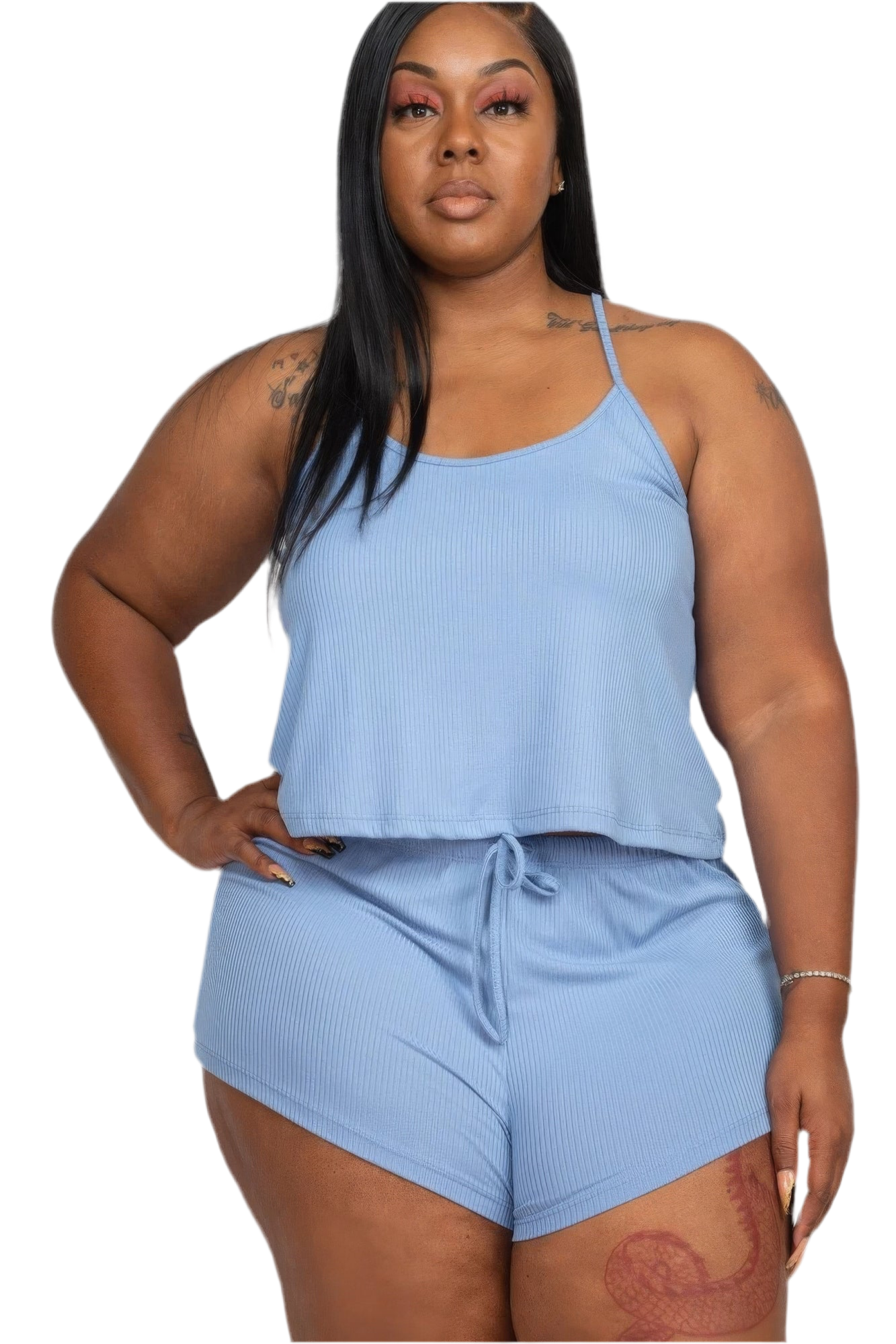 Sky Blue Plus Ribbed Strappy Top And Shorts Set