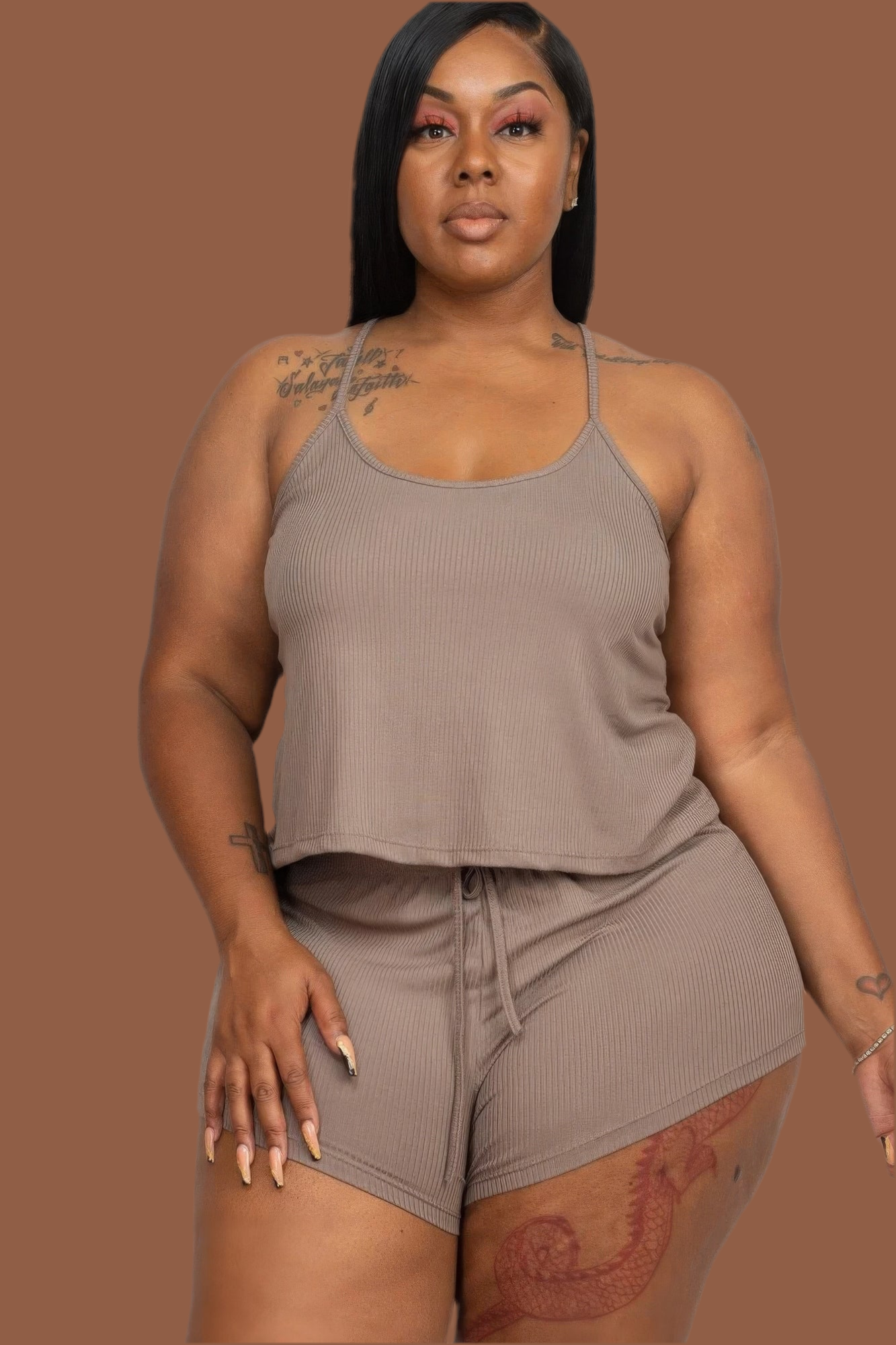 Nude Plus Ribbed Strappy Top And Shorts Set
