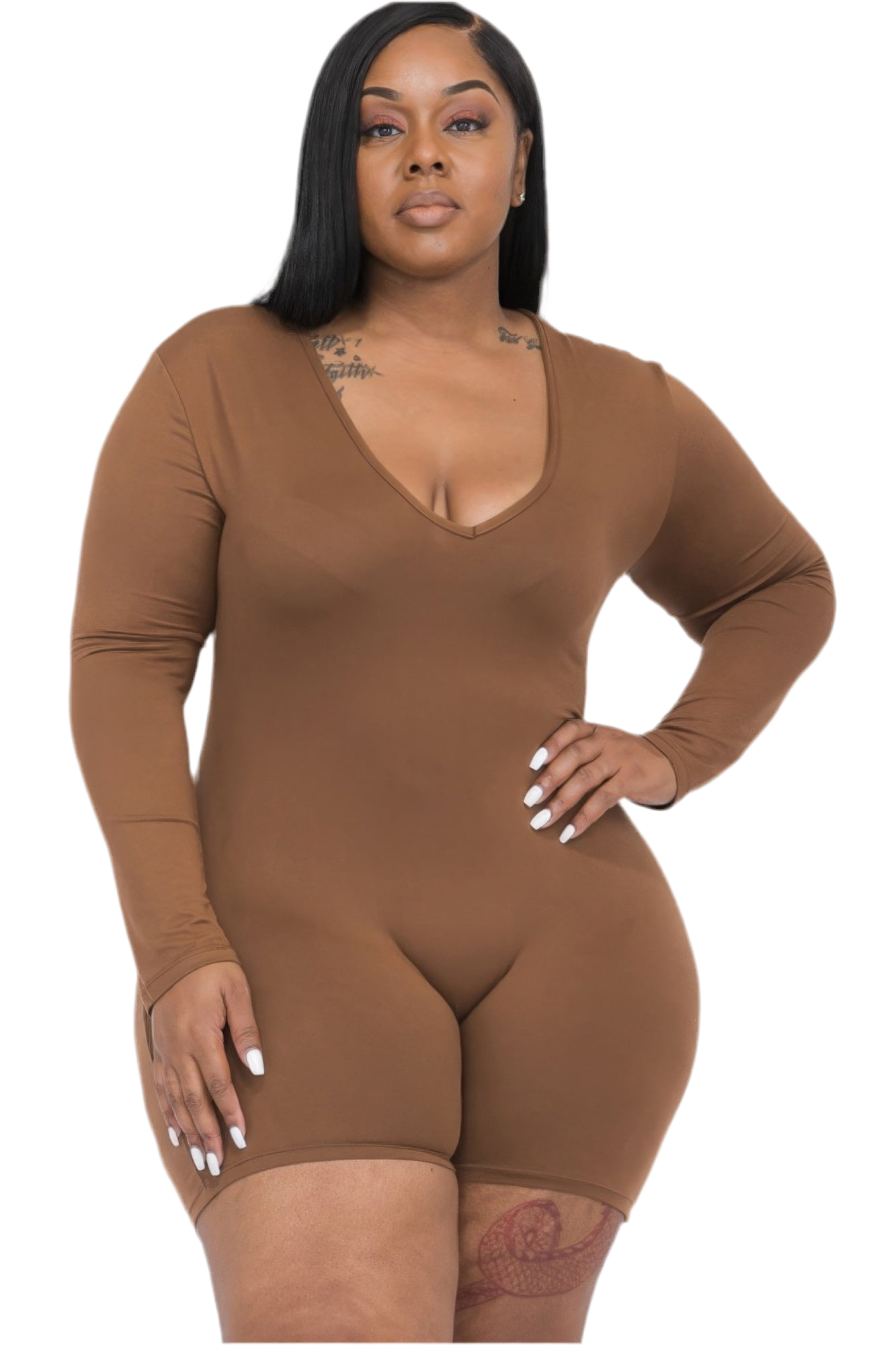 Brown Sugar Plus V-neck Long Sleeve Bodycon Romper