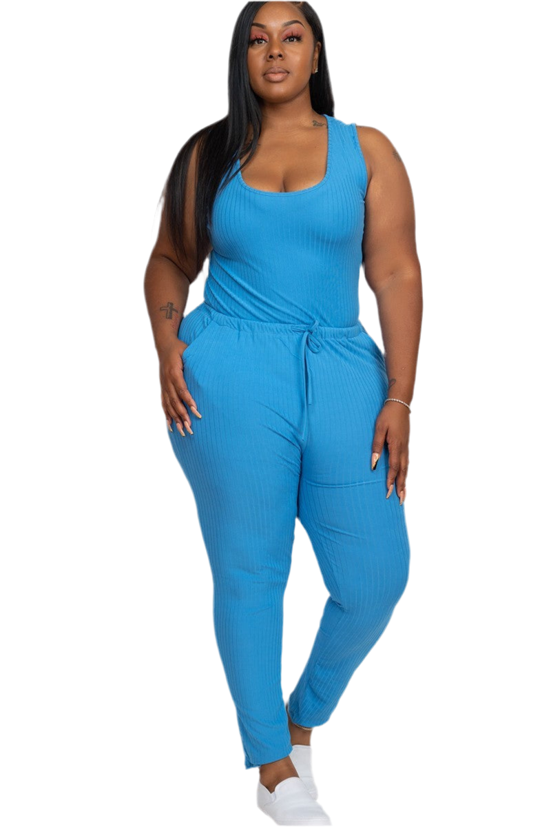 Blue Plus Ribbed Sleeveless Drawstring Jumpsuit
