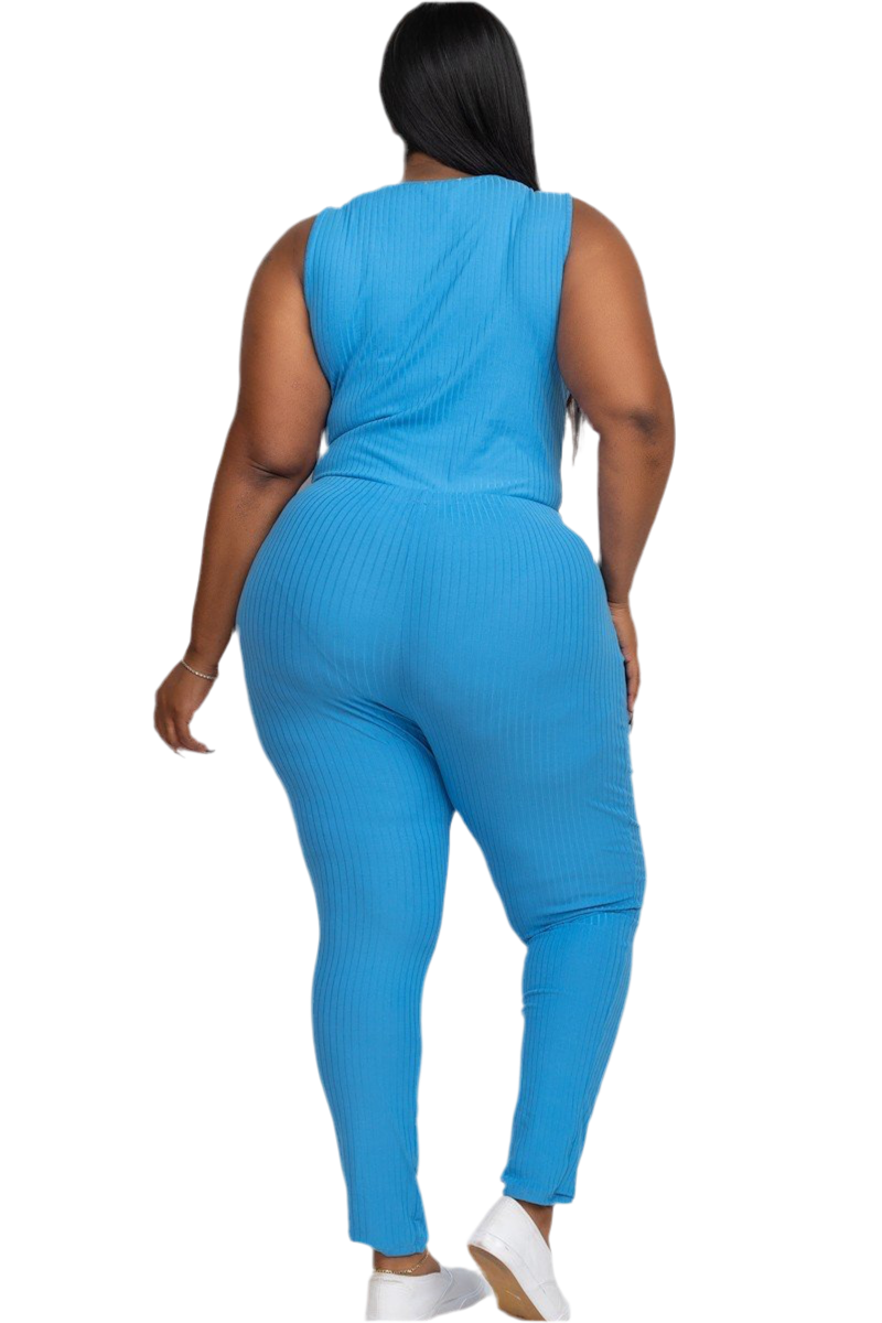 Blue Plus Ribbed Sleeveless Drawstring Jumpsuit