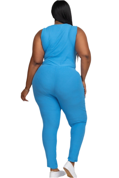 Blue Plus Ribbed Sleeveless Drawstring Jumpsuit