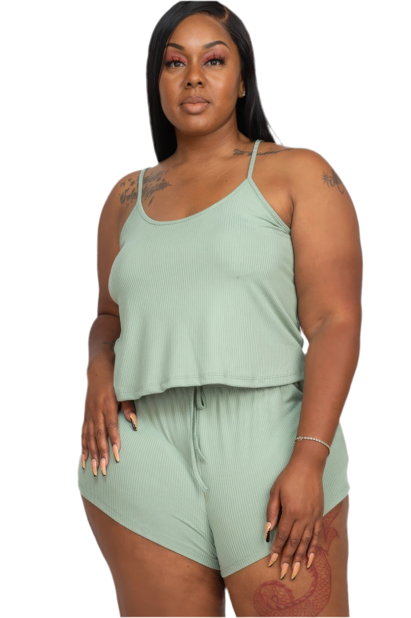Green Plus Ribbed Strappy Top And Shorts Set